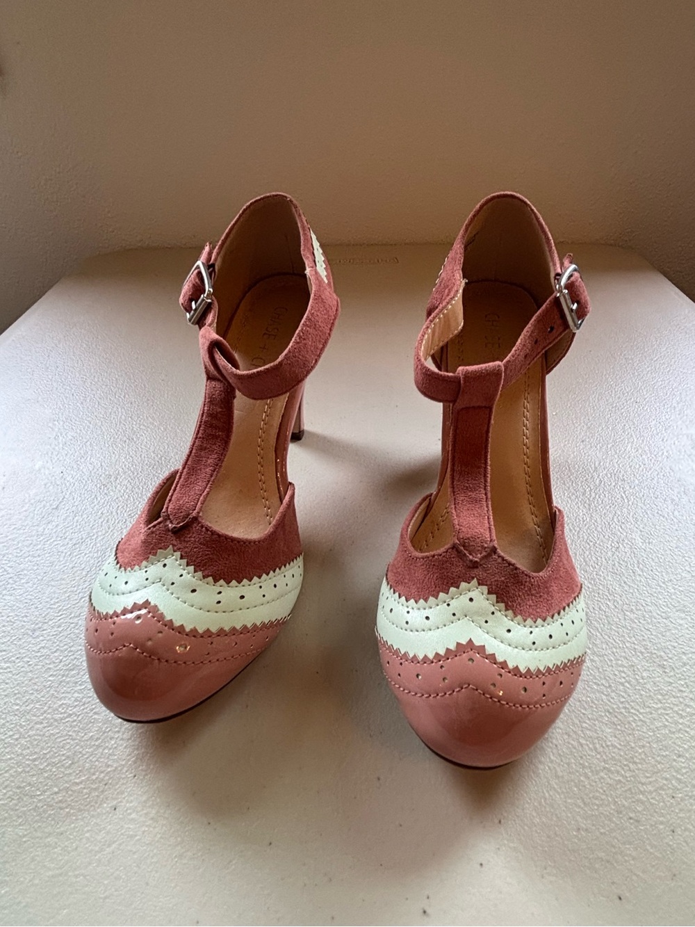 Chase + Chloe Two-Tone Pink and Cream T-Strap Heels
